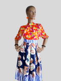 Jupe BLEUE à fleurs satinée taille haute