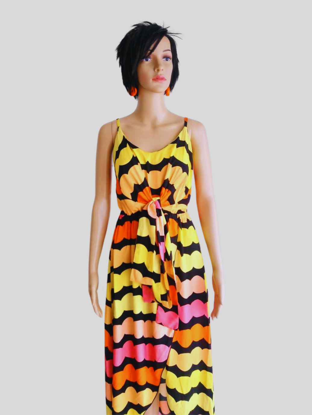 Robe longue fendue à rayures - jaune & pêche pastel