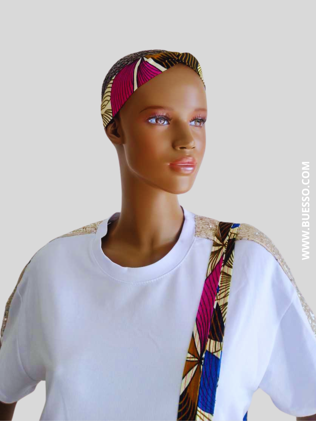 Bandeau croisé en Wax motif fleuri rose fuchsia & bleu fait main en France