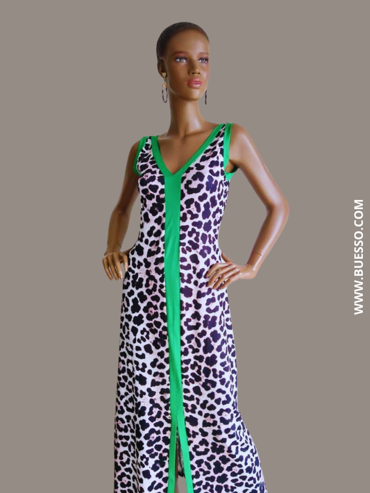 Robe léopard longue avec détails et finitions verts