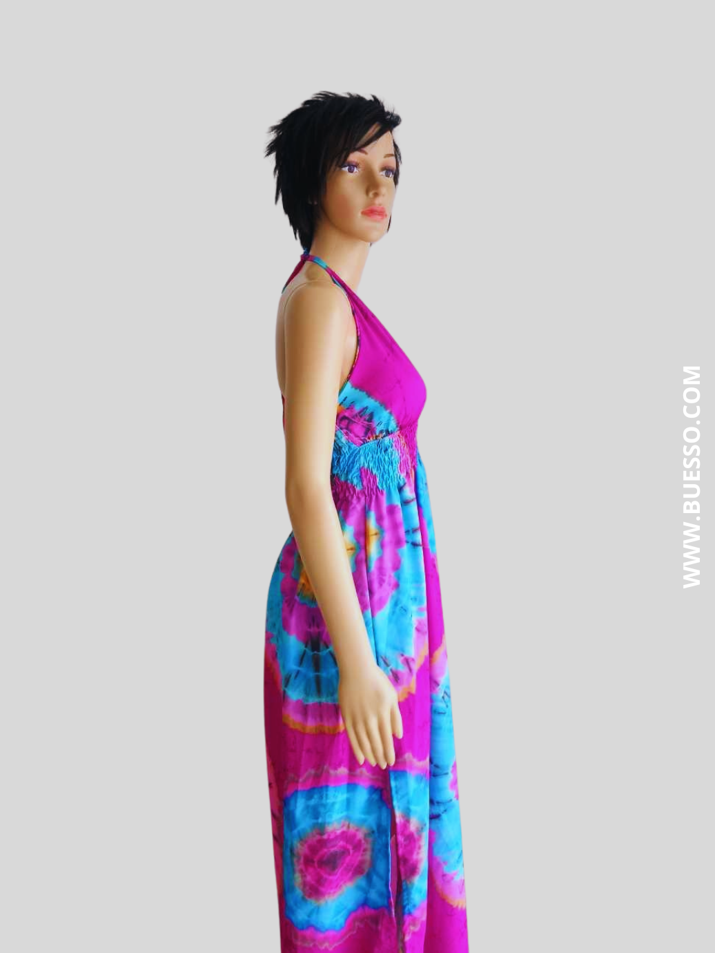 Robe ROSE FUCHSIA imprimée Batik à nouer au cou