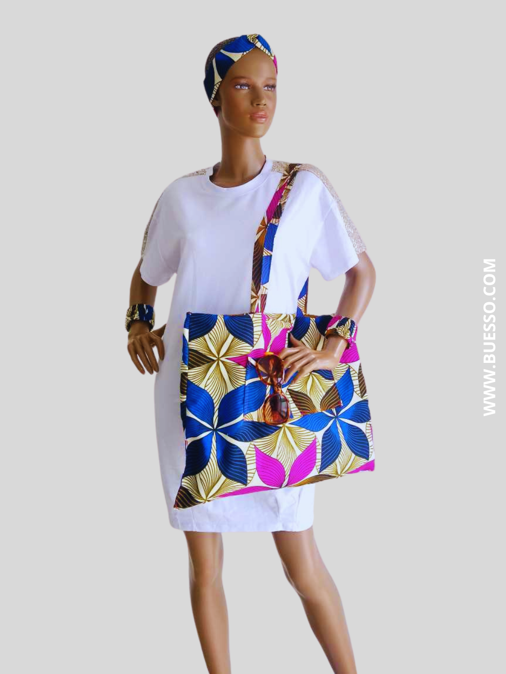 Bracelet en Wax motif fleuri rose fuchsia & bleu fait main en France