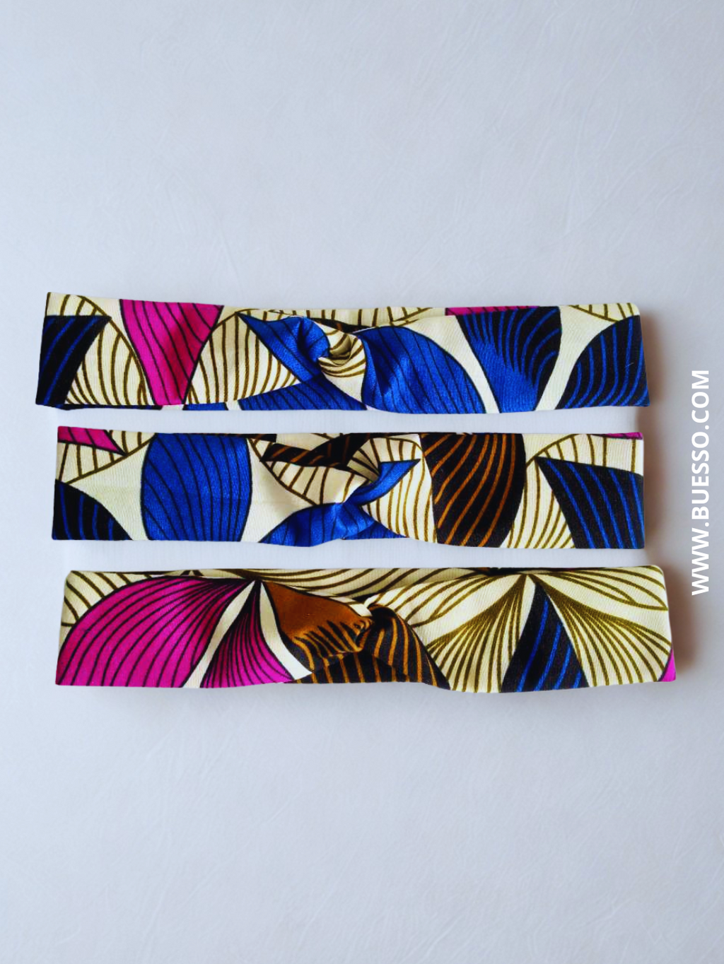 Bandeau croisé en Wax motif fleuri rose fuchsia & bleu fait main en France