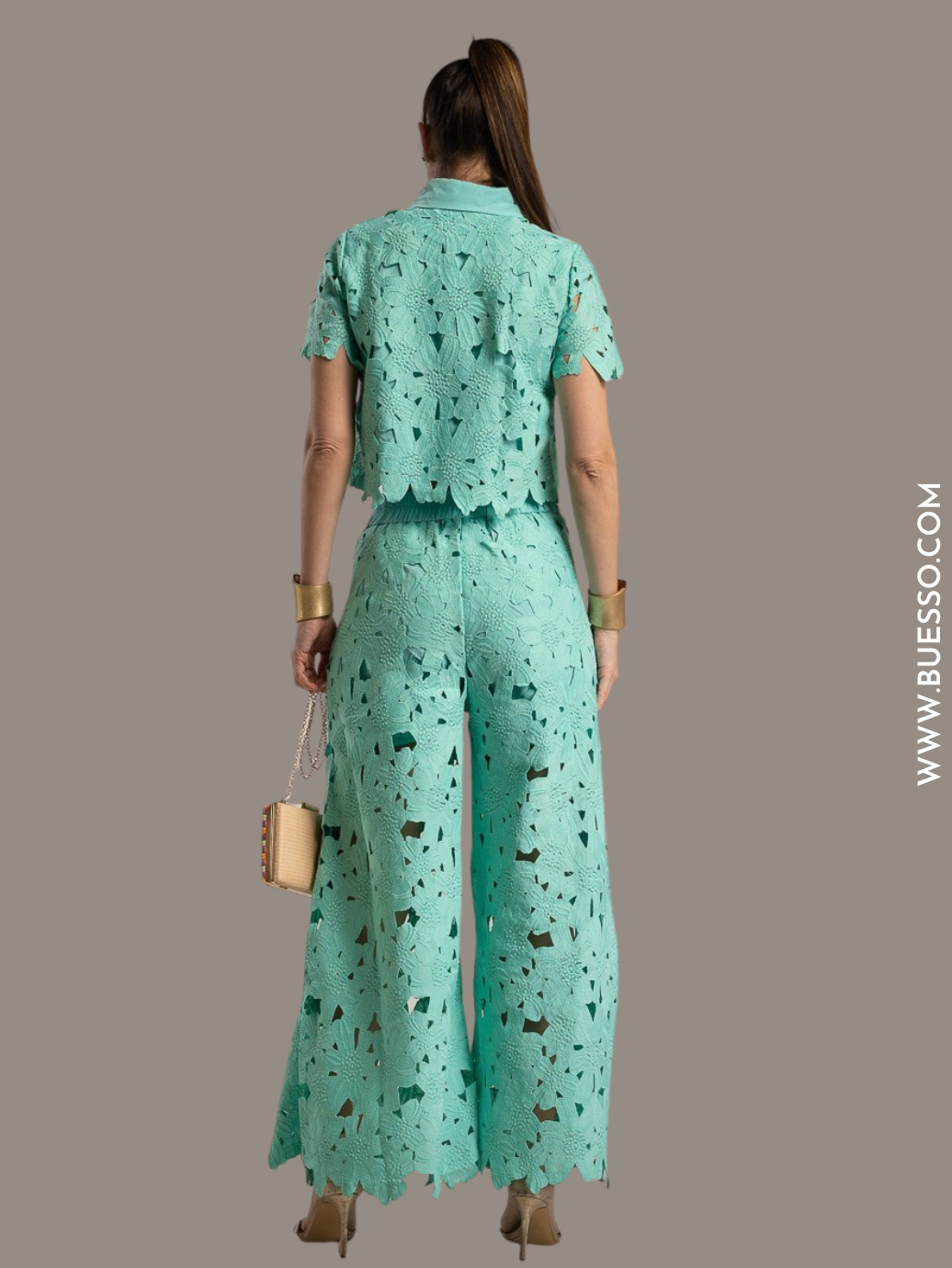 Ensemble pantalon femme en dentelle Guipure Delhi menthe