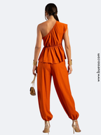 Ensemble Terracotta femme pantalon & top peplum asymetrique élégant