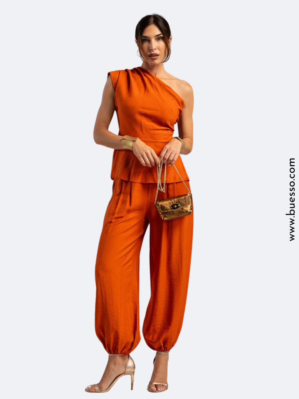 Ensemble Terracotta femme pantalon & top peplum asymetrique élégant