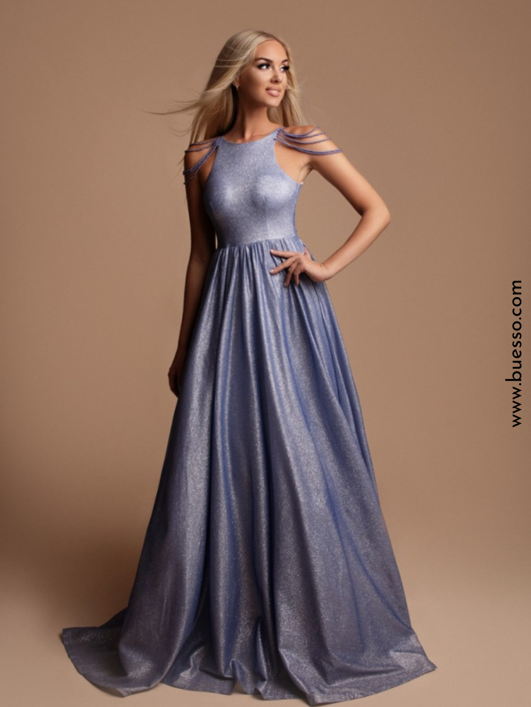 Robe de soirée bleue à Paillettes avec manches à perles