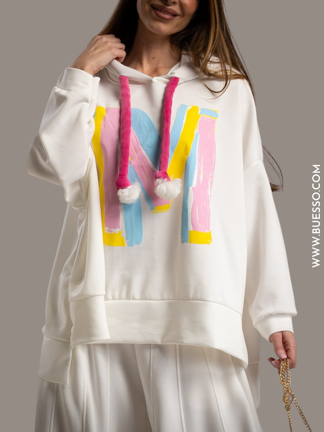 Pull BLANC à capuche oversize imprimé M