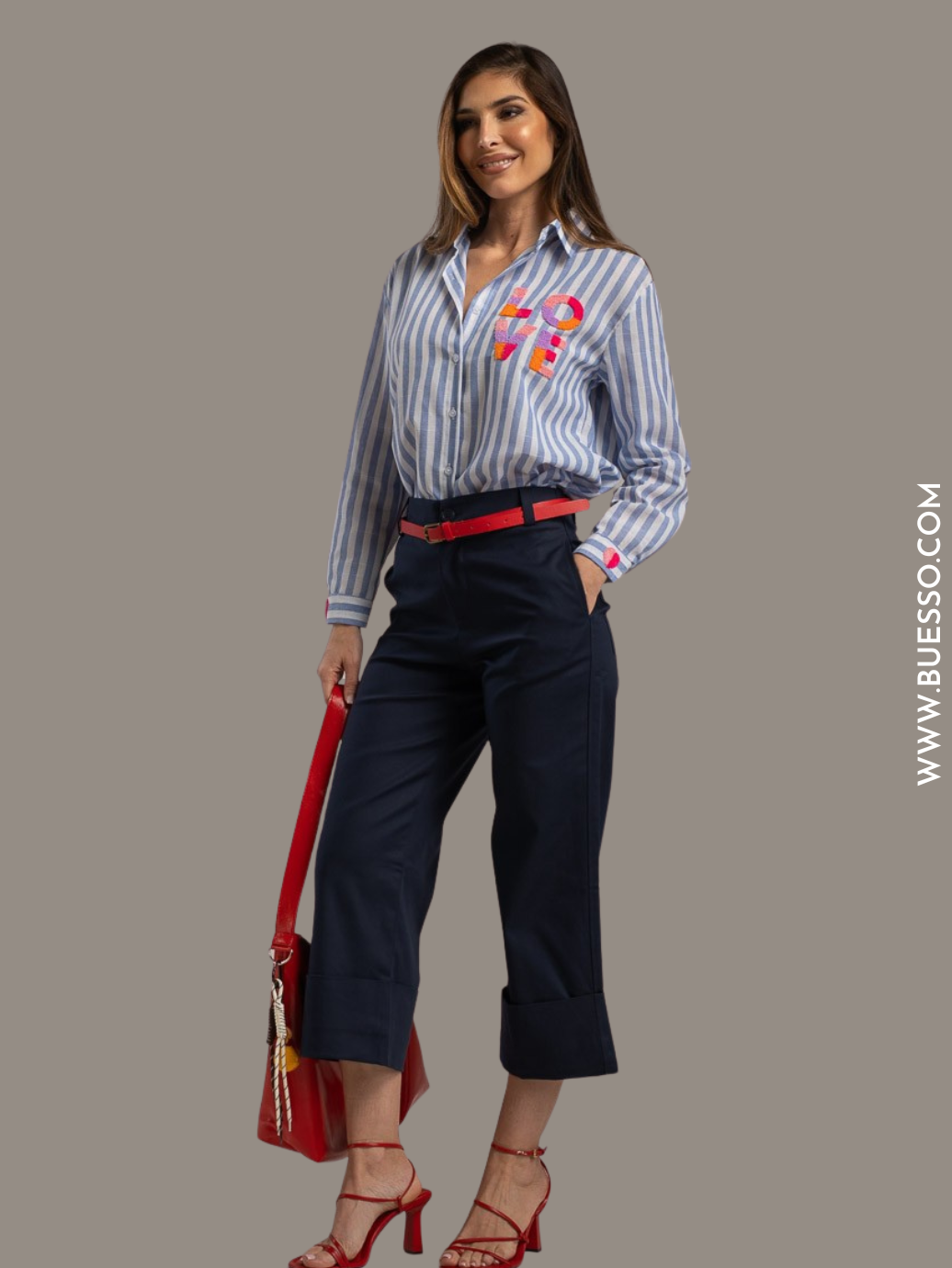 Chemise femme à rayures avec broderie LOVE rose & fuchsia