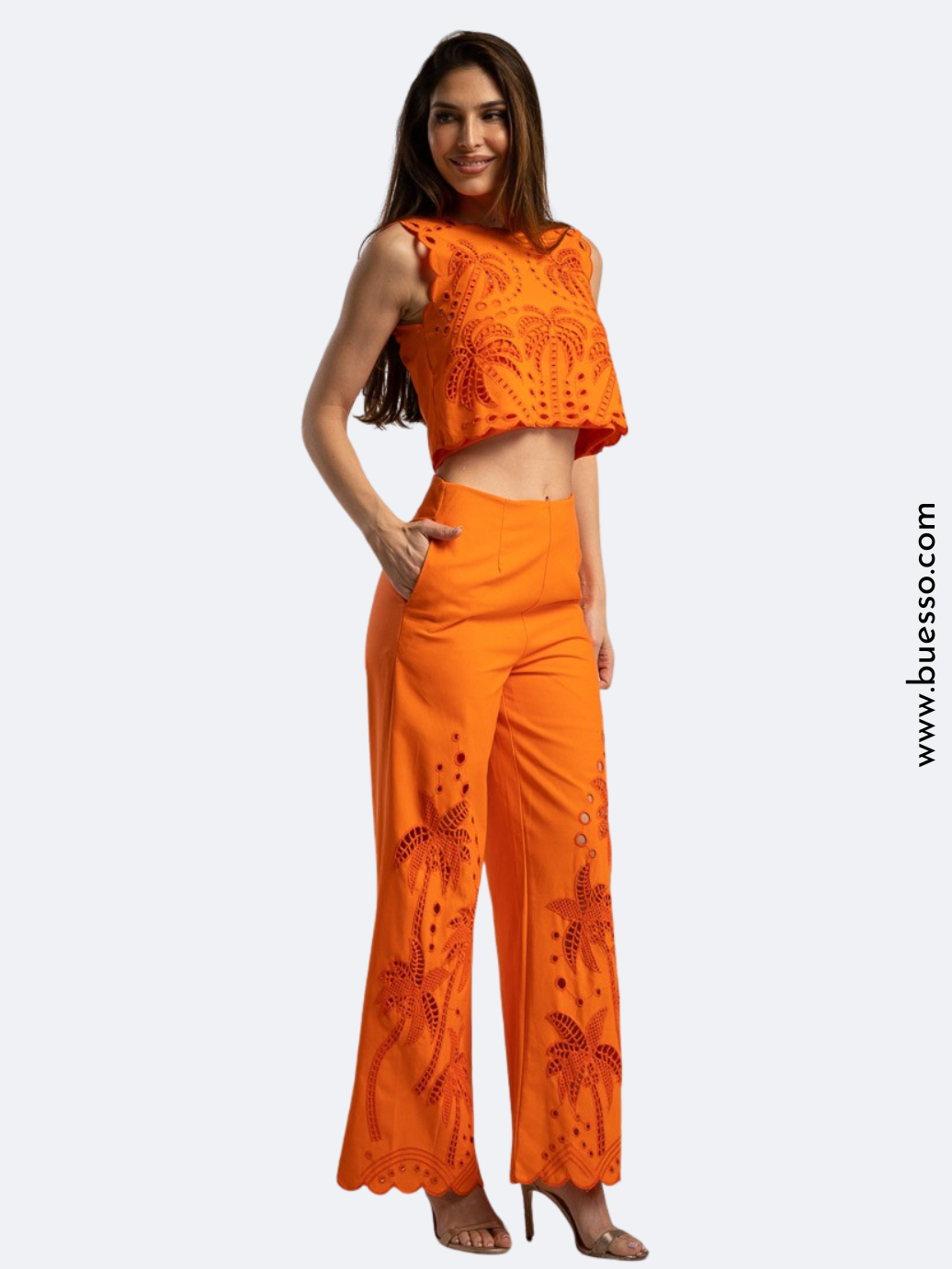 Ensemble pantalon femme Orange en coton ajouré motifs palmiers | Look chic & élégant