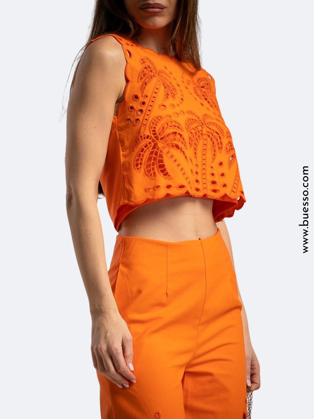 Ensemble pantalon femme Orange en coton ajouré motifs palmiers | Look chic & élégant