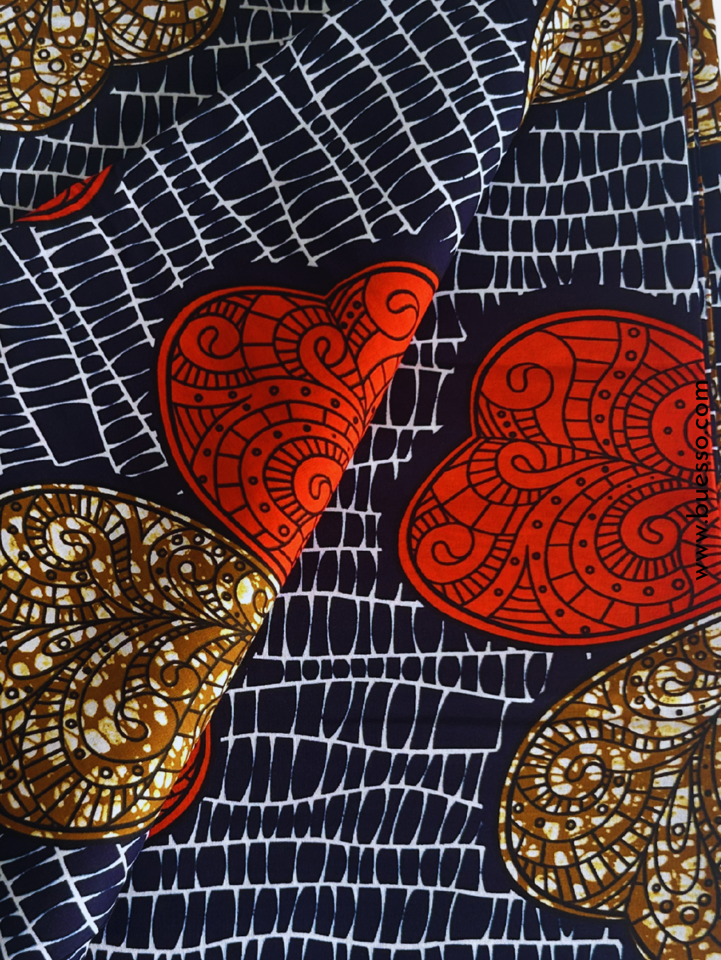 Pagne wax bleu motifs feuilles en forme de coeur en coton
