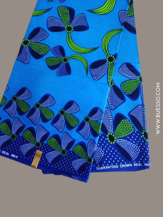 Pagne WAX BLEU TURQUOISE motifs fleurs
