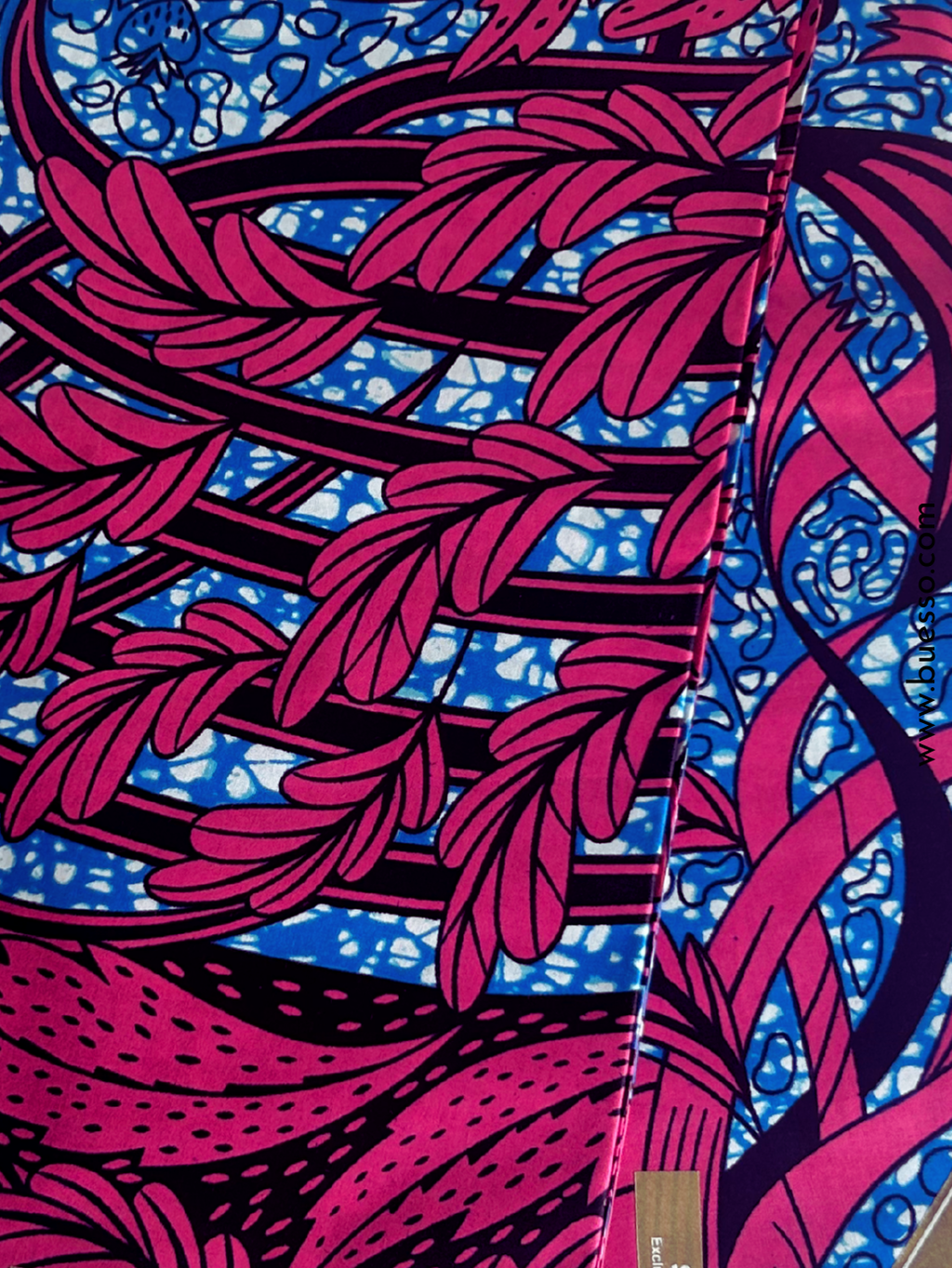Pagne wax rose & bleu motifs feuilles | "Douceur tropicale"