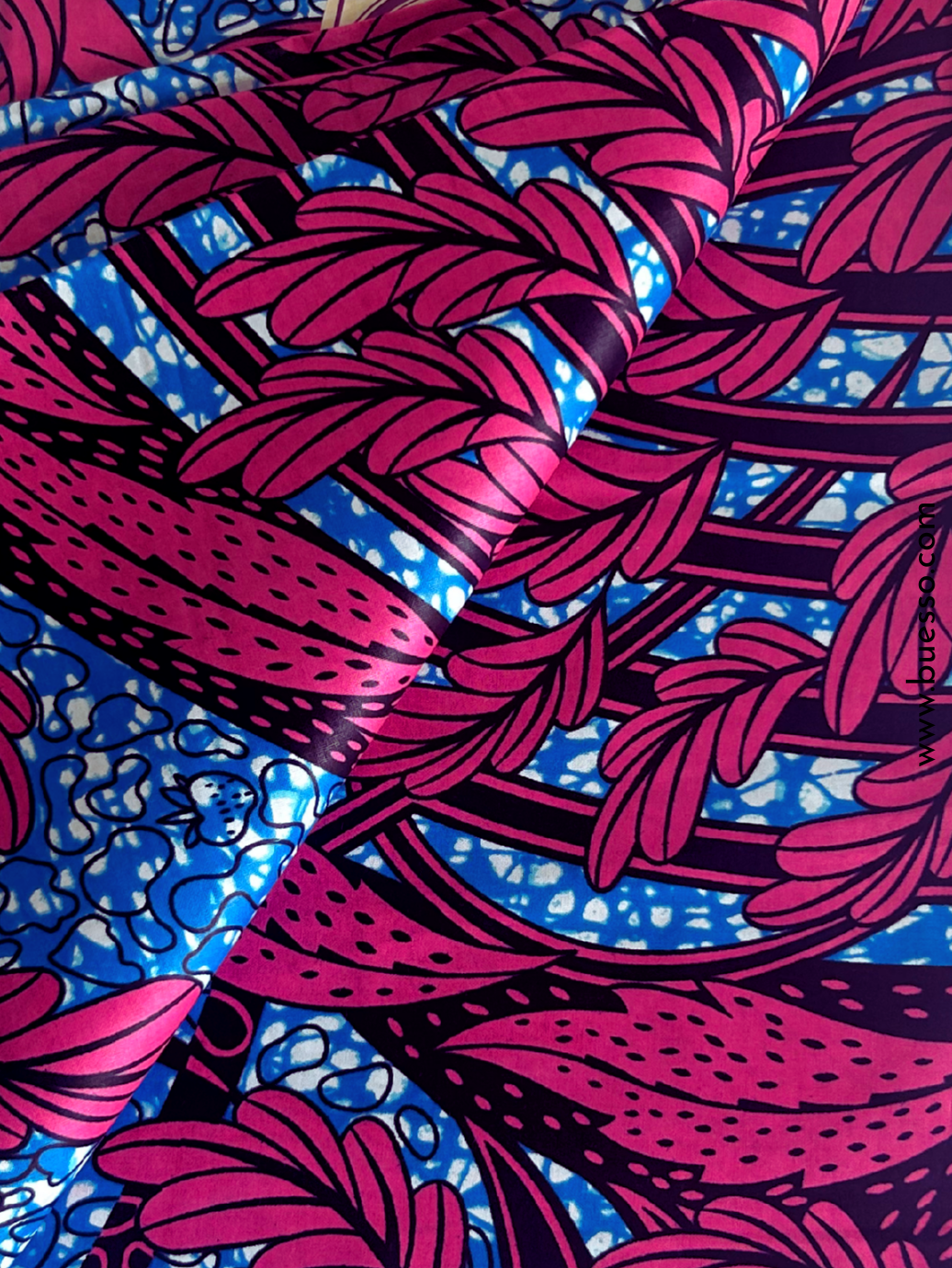 Pagne wax rose & bleu motifs feuilles | "Douceur tropicale"