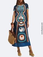 Robe bleu en lycra froid motif Zapotec femme