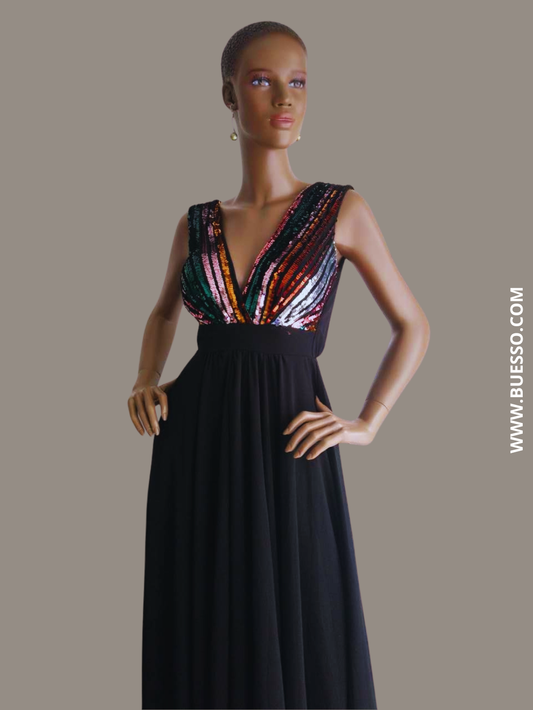 Robe noire élégante longue à paillettes femme