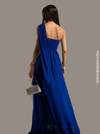 Robe de gala BLEUE drapée à bretelles haut gamme