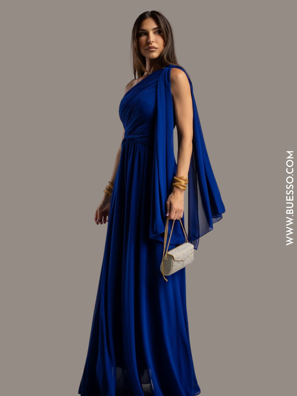 Robe de gala BLEUE drapée à bretelles haut gamme