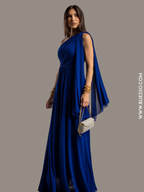 Robe de gala BLEUE drapée à bretelles haut gamme