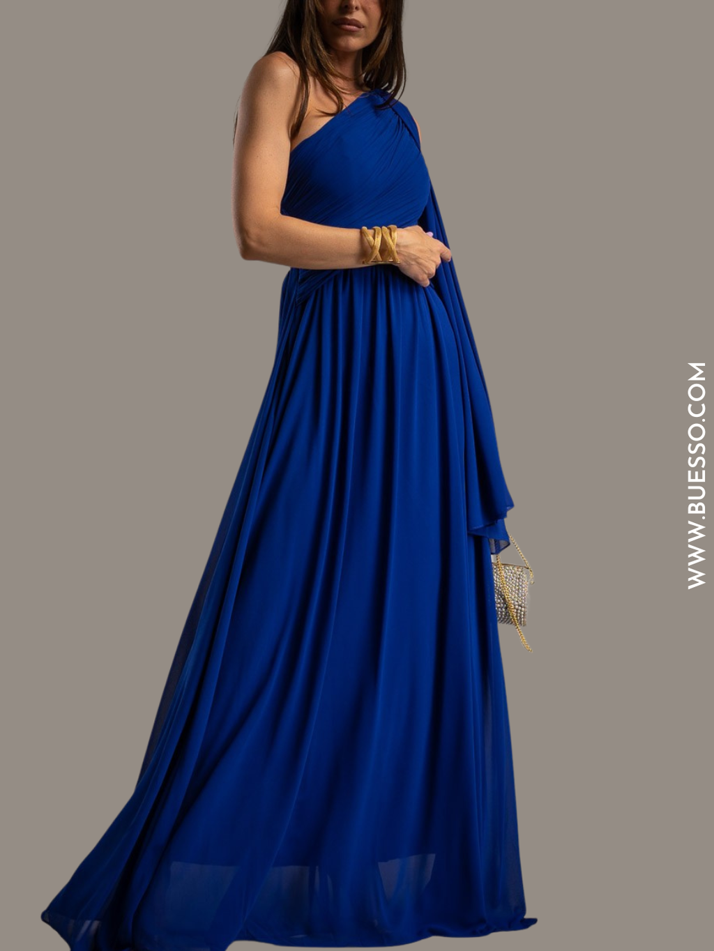 Robe de gala BLEUE drapée à bretelles haut gamme