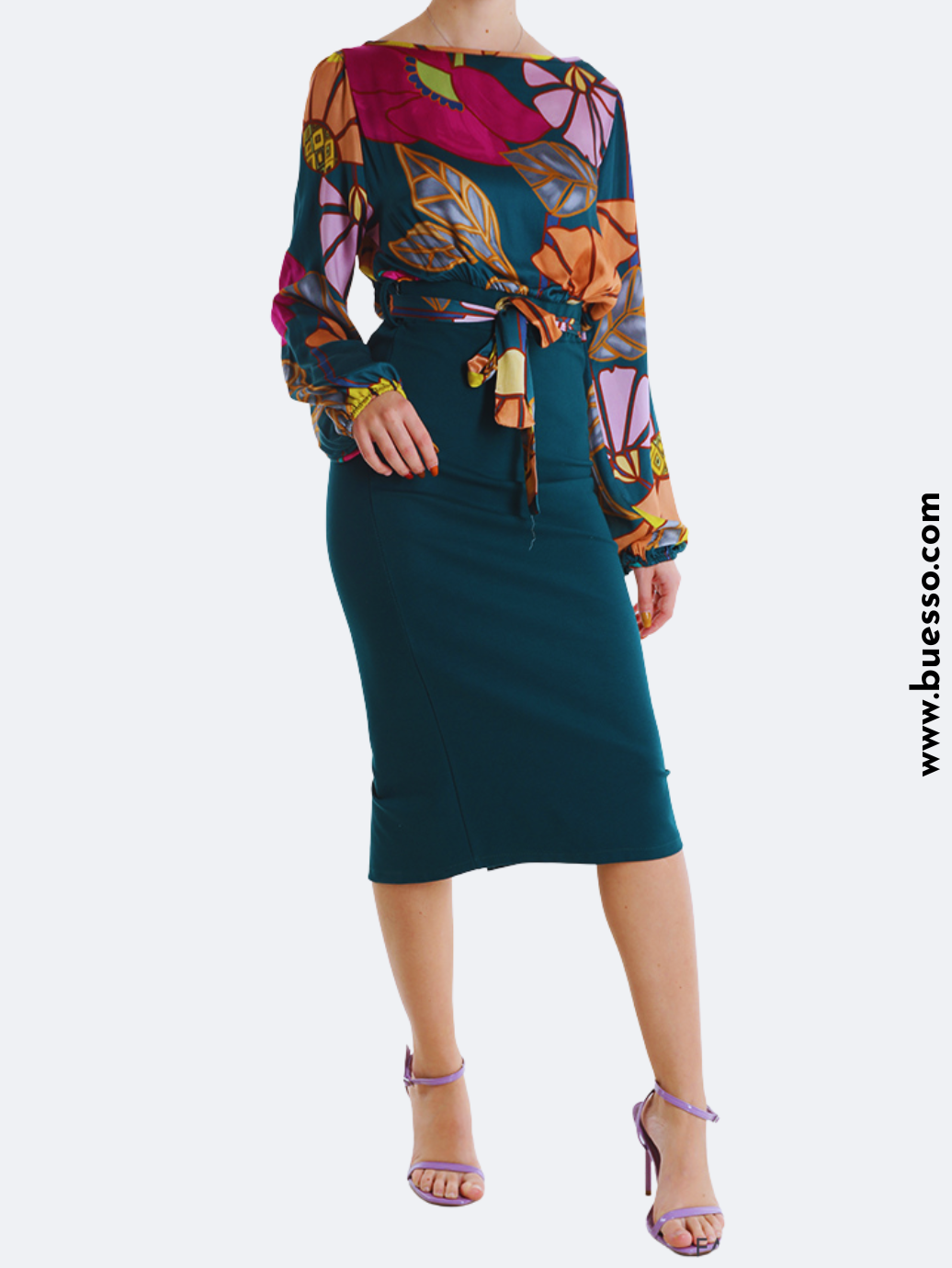 Robe femme crayon à fleurs VERTE et ROSE