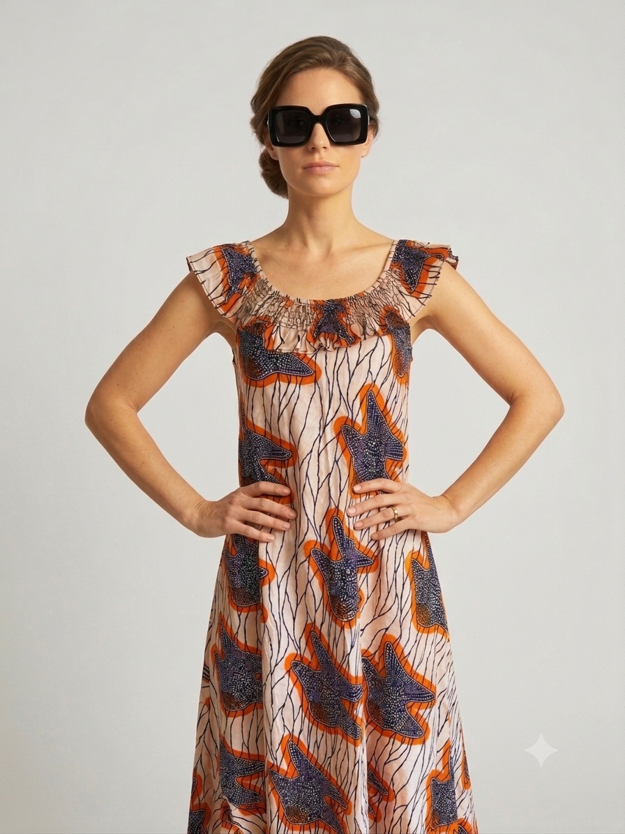 Robe femme en Wax beige col bateau smocké | Confort absolu