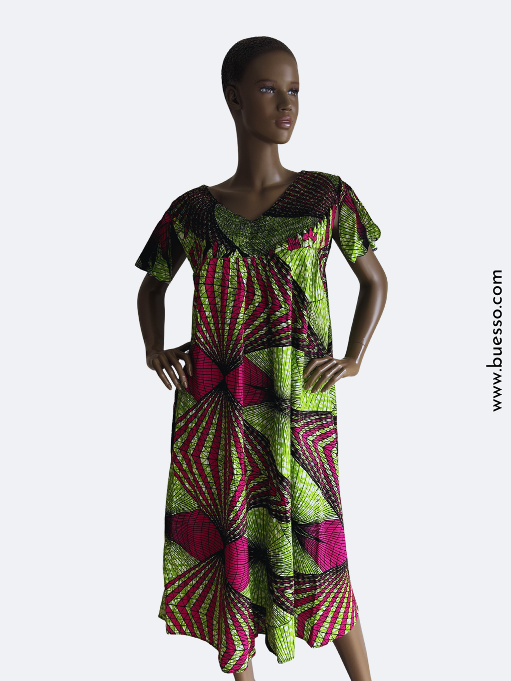 Robe femme en Wax verte avec manches fendues | Confort absolu