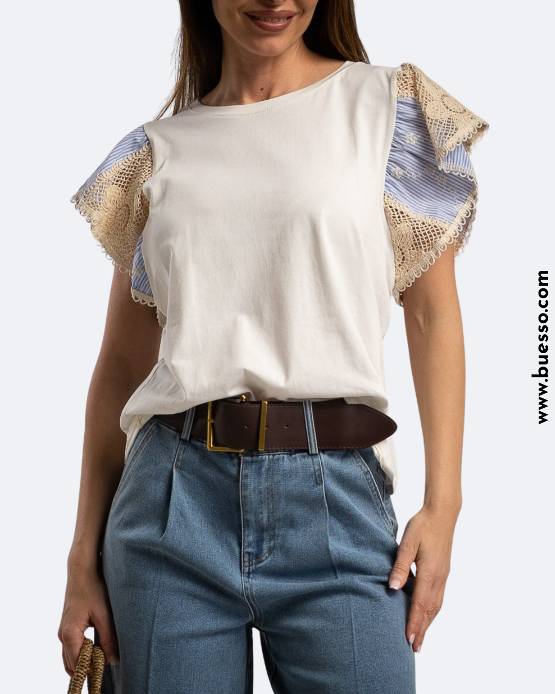 T-shirt femme à rayures sur les manches au crochet