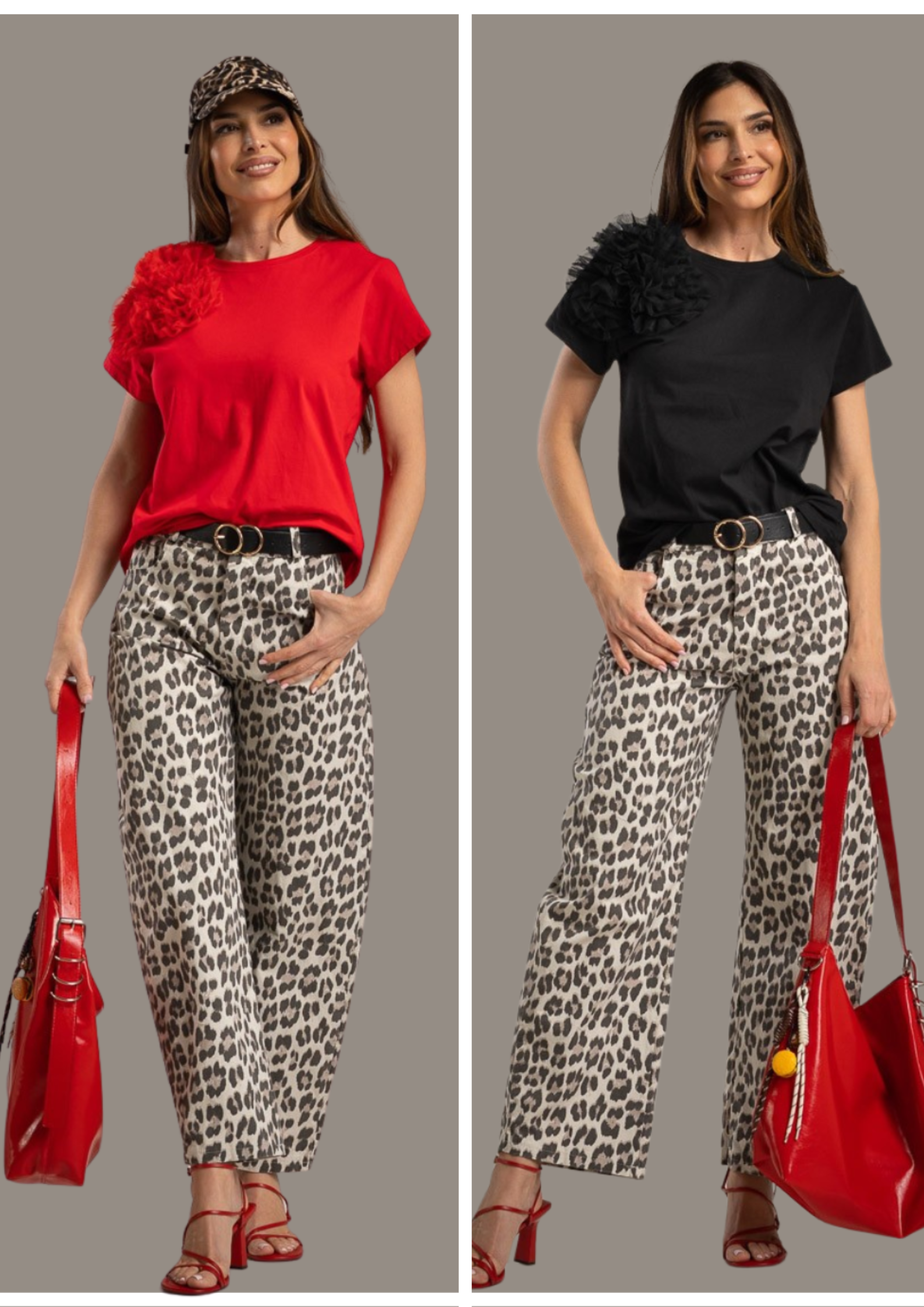 T-shirt Rouge avec Fleur 3D en Tulle à l'épaule femme