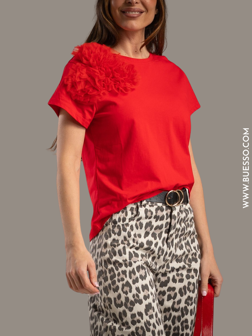 Top rouge coton stretch fleur tulle