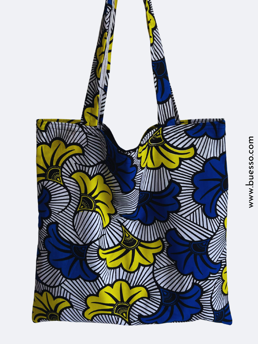 Tote bag en WAX Fleur de mariage bleu et jaune fait main