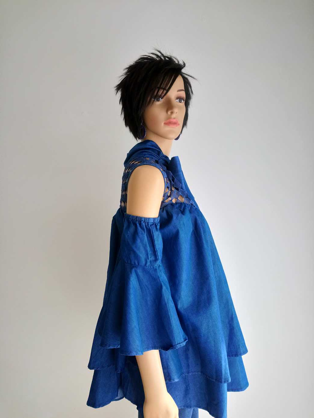 Buesso - Blouse en JEANS avec col lavallière à nouer BLEUE 